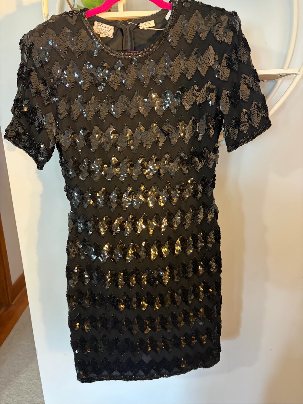 Vintage Retro Black Silk Women’s 4 Short Sleeve Mini Dress Zigzag Sequin Shimmer